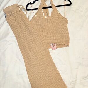 Tan Knit Halter Top and Pants Set